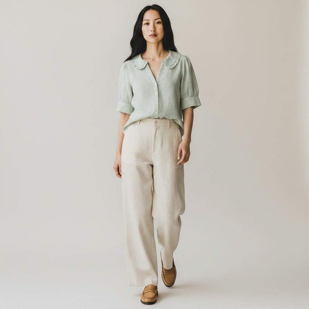 Madewell Ruffle Peter Pan Collar Linen Blouse Women 10 Sage Green Cottagecore